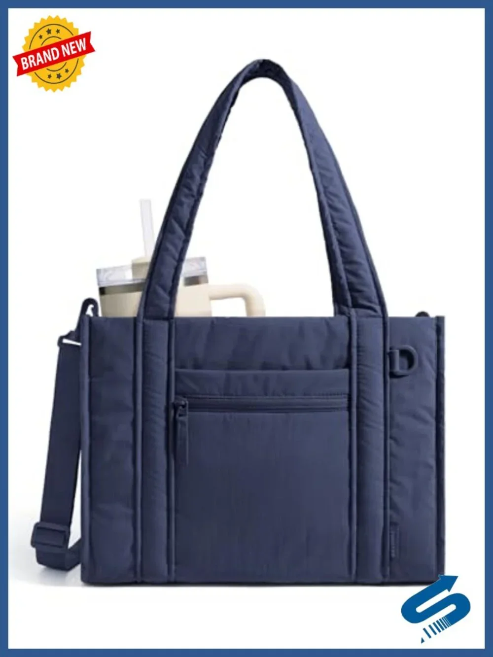 Quilted Puffer Tote Bag with Crossbody Strap - Water-Resistant, 14L, Laptop